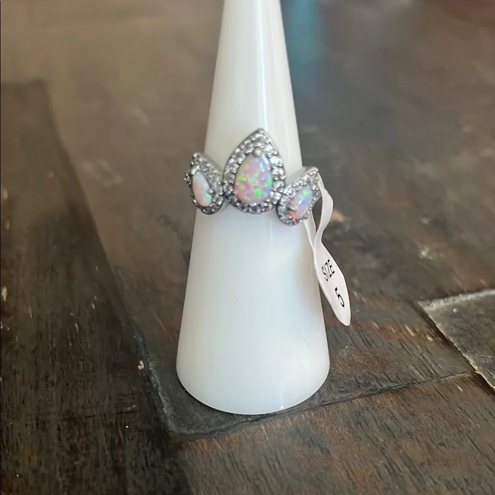Opal Teardrop Halo Silver Ring - White Opal Accent